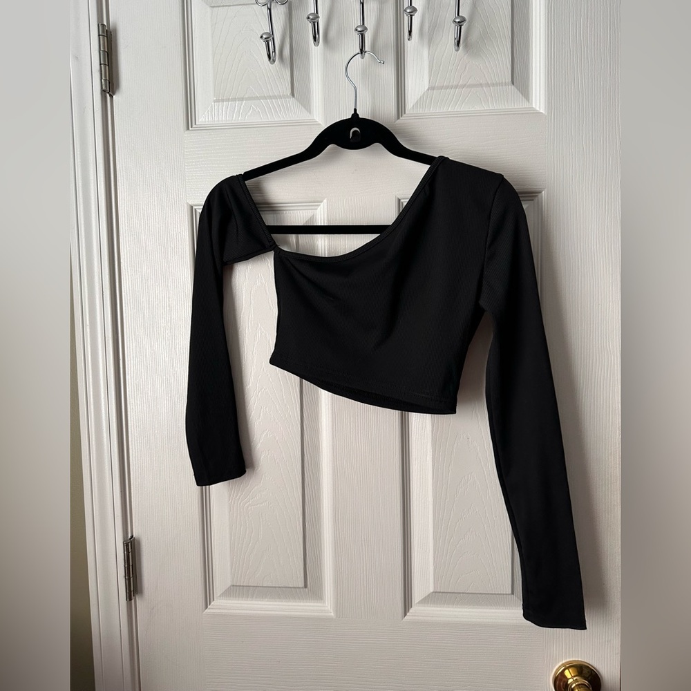 SHEIN XS Regular Women's Black Ribbed One-Shoulder Long Sleeve Cropped Top